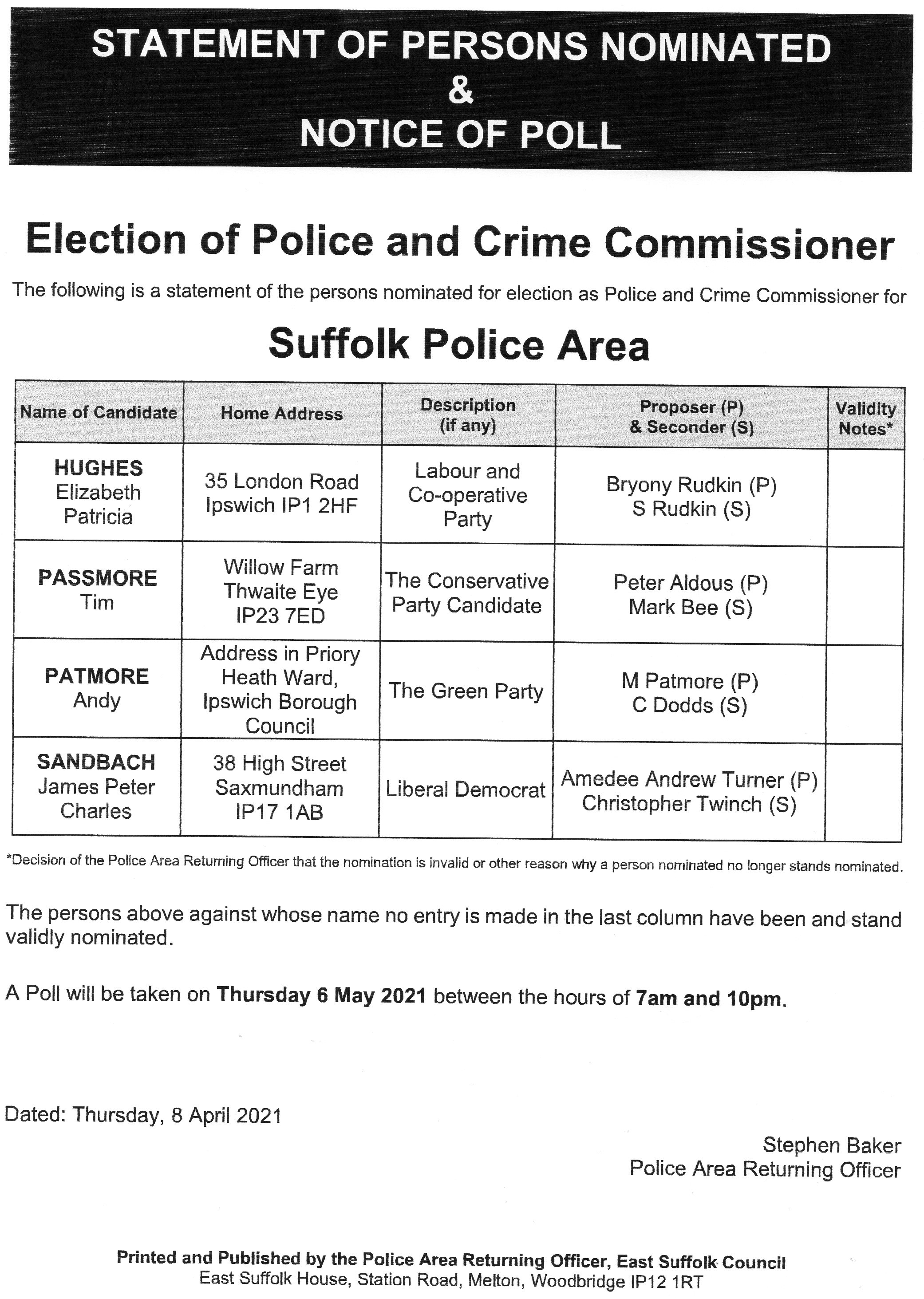 Election for Police and Crime Commissioner for Suffolk on 6 May 2021